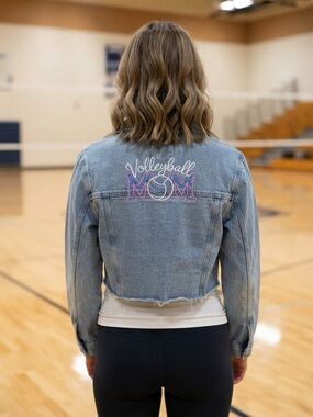 Simply Stitched Volleyball Mom Cropped Denim Jacket - Light Blue